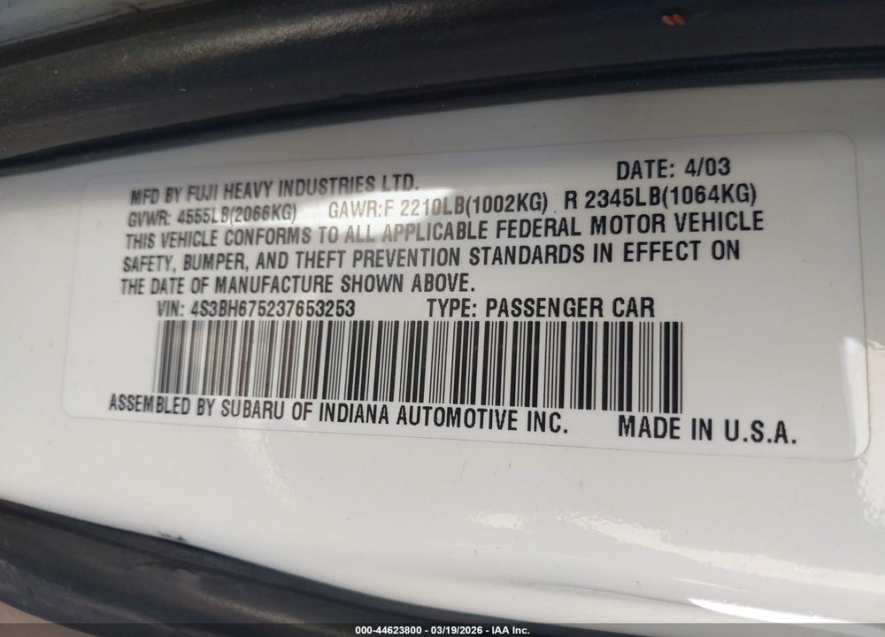 2003 SUBARU OUTBACK VIN: 4S3BH675237653253