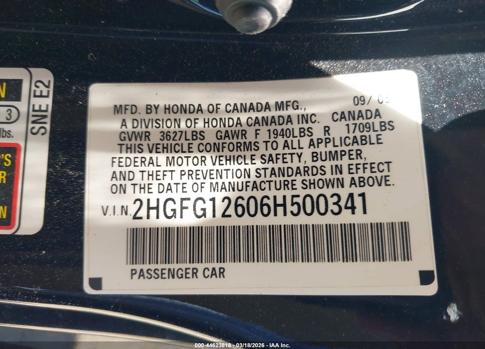 2006 HONDA CIVIC VIN: 2HGFG12606H500341