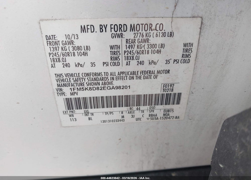 2014 FORD EXPLORER XLT VIN: 1FM5K8D82EGA98201