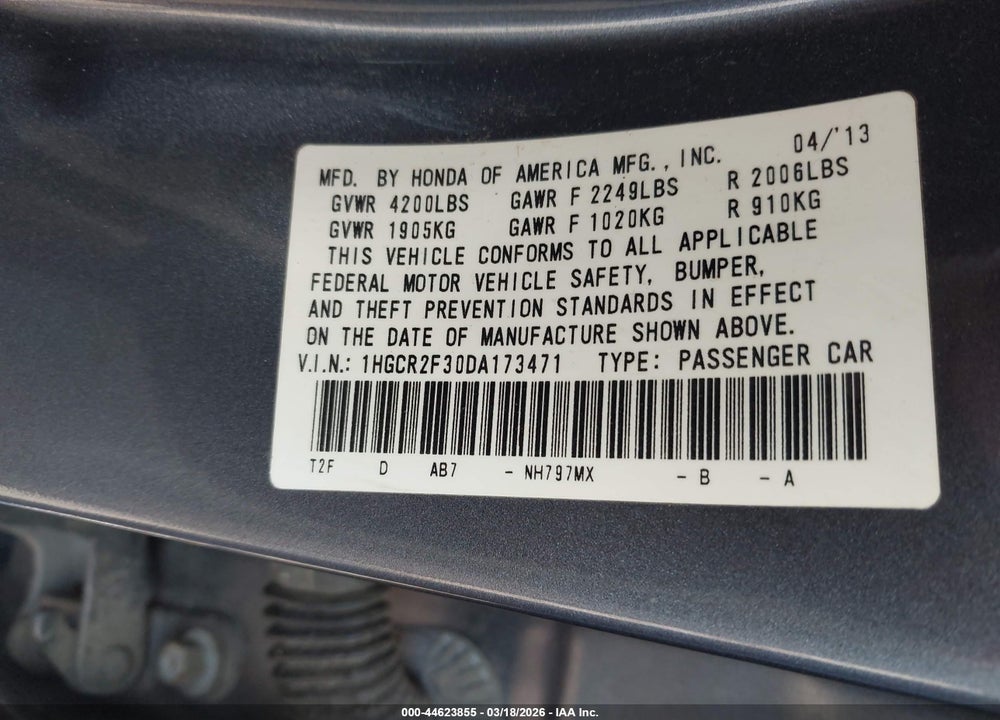 2013 HONDA ACCORD LX VIN: 1HGCR2F30DA173471