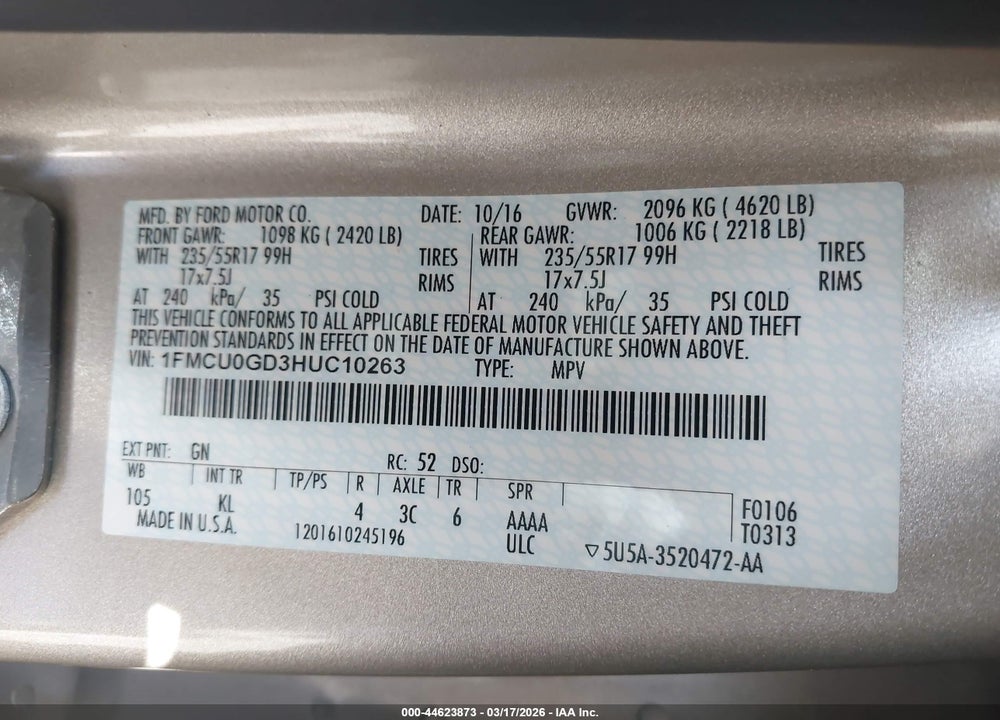 2017 FORD ESCAPE SE VIN: 1FMCU0GD3HUC10263