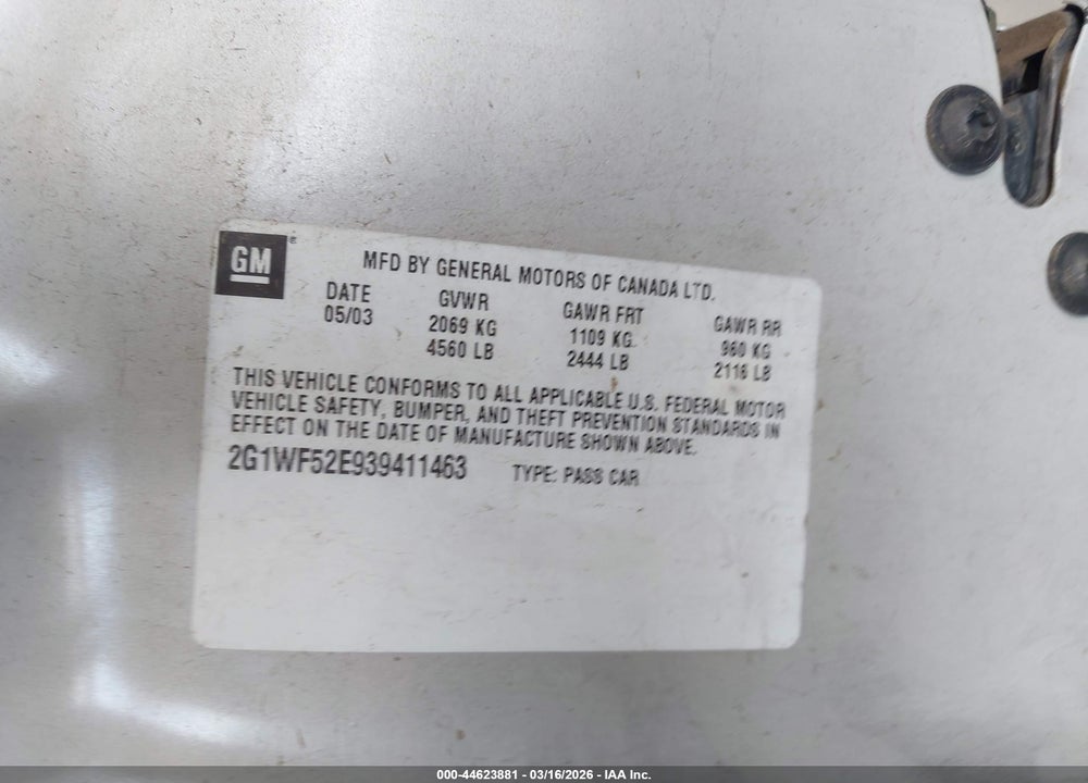 2003 CHEVROLET IMPALA VIN: 2G1WF52E939411463