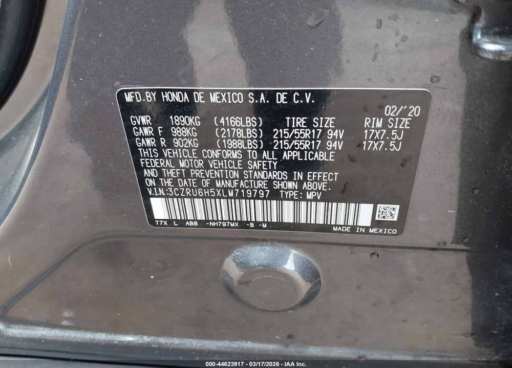 2020 HONDA HR-V AWD EX VIN: 3CZRU6H5XLM719797