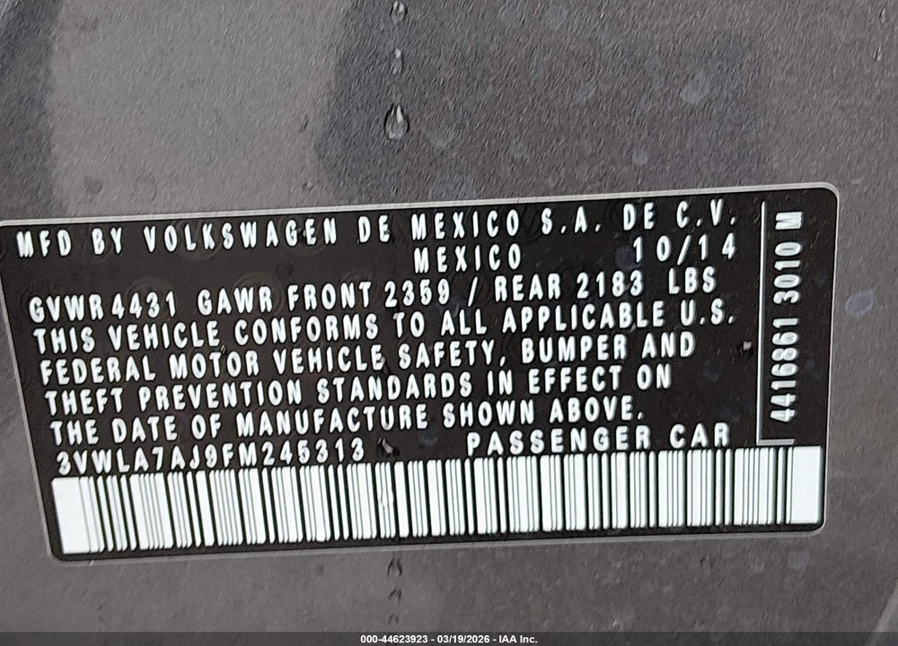2015 VOLKSWAGEN JETTA 2.0L TDI S VIN: 3VWLA7AJ9FM245313