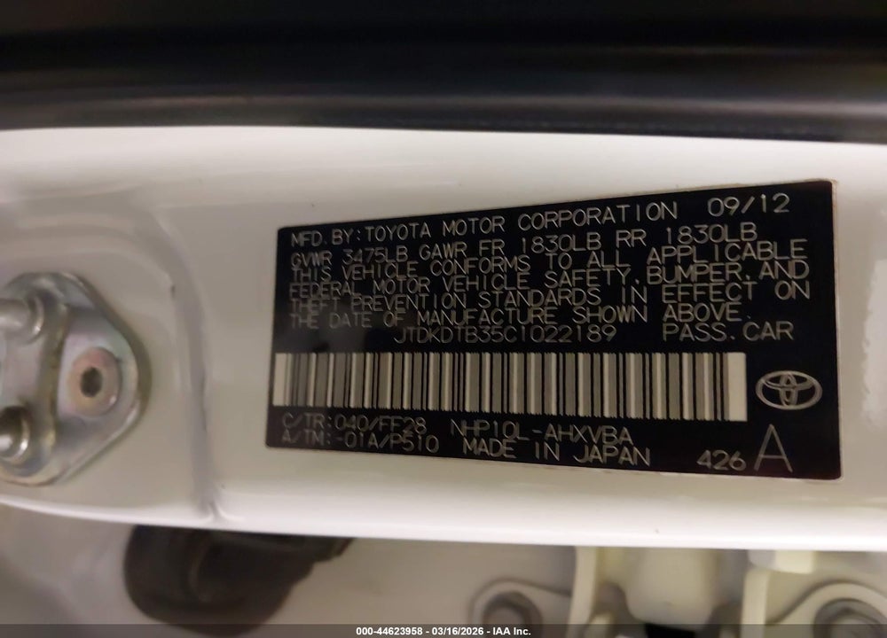 2012 TOYOTA PRIUS C TWO VIN: JTDKDTB35C1022189