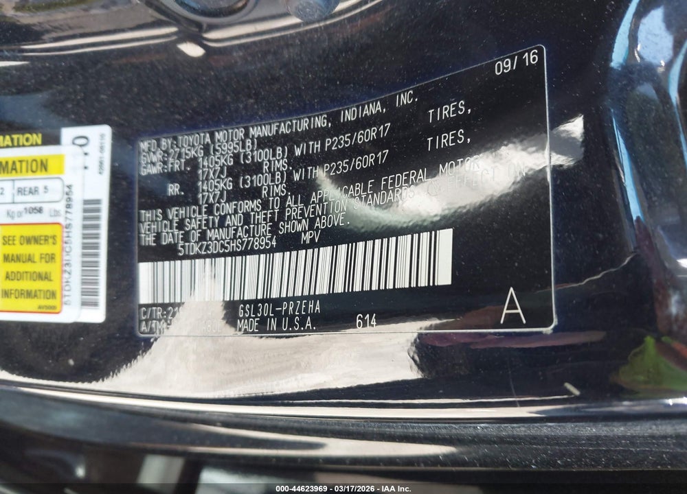 2017 TOYOTA SIENNA LE 8 PASSENGER VIN: 5TDKZ3DC5HS778954