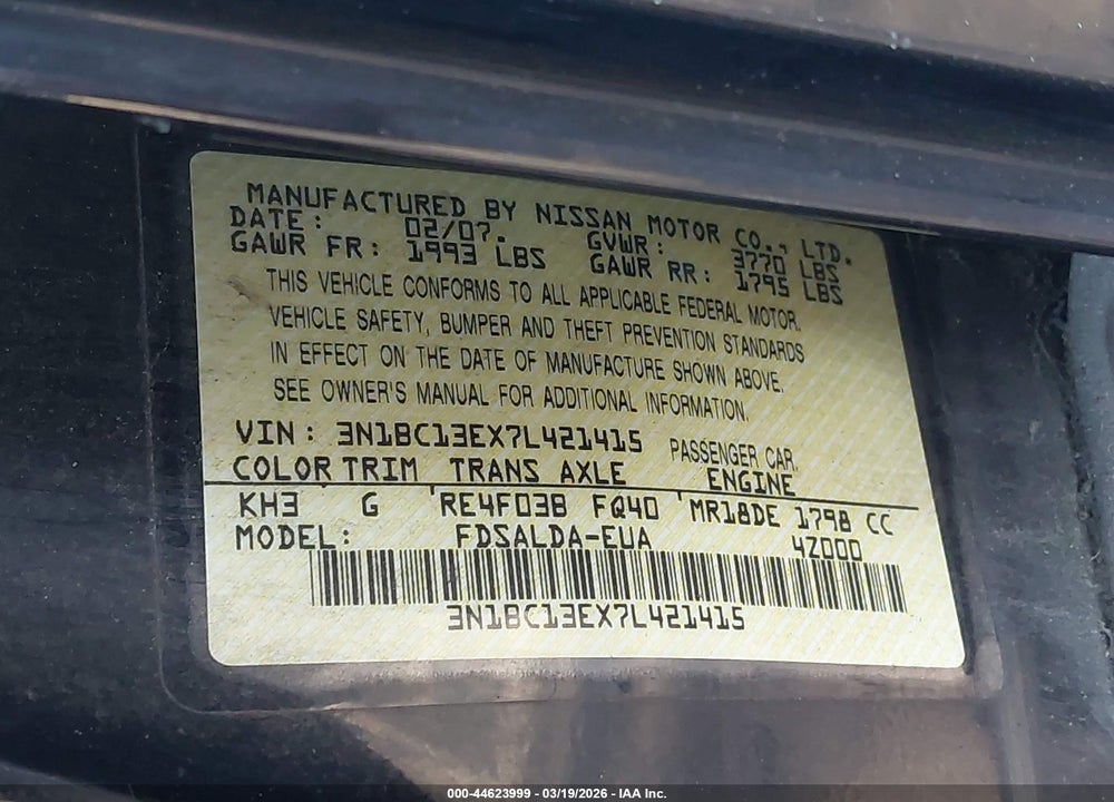 2007 NISSAN VERSA 1.8S VIN: 3N1BC13EX7L421415