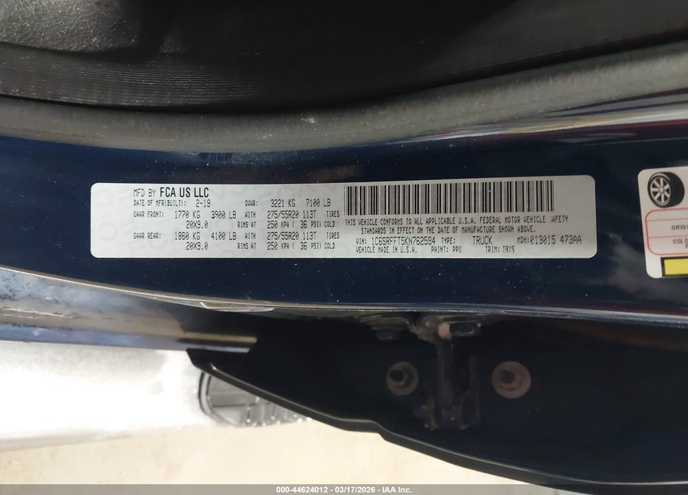 2019 RAM 1500 BIG HORN/LONE STAR  4X4 5'7 BOX VIN: 1C6SRFFT5KN762594