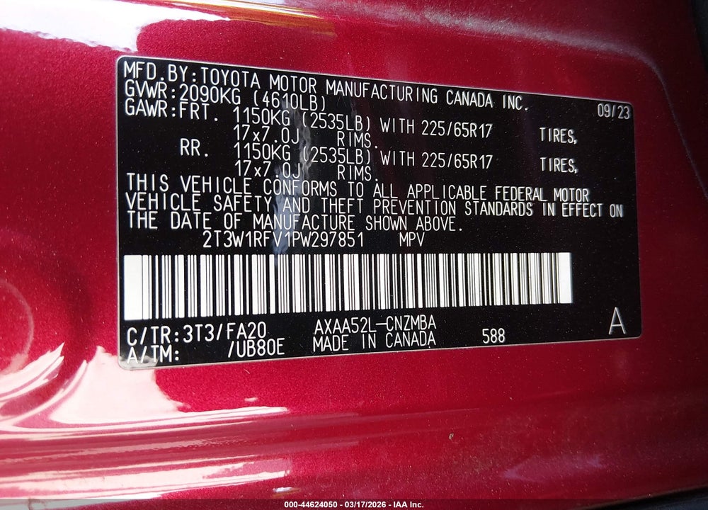 2023 TOYOTA RAV4 XLE VIN: 2T3W1RFV1PW297851