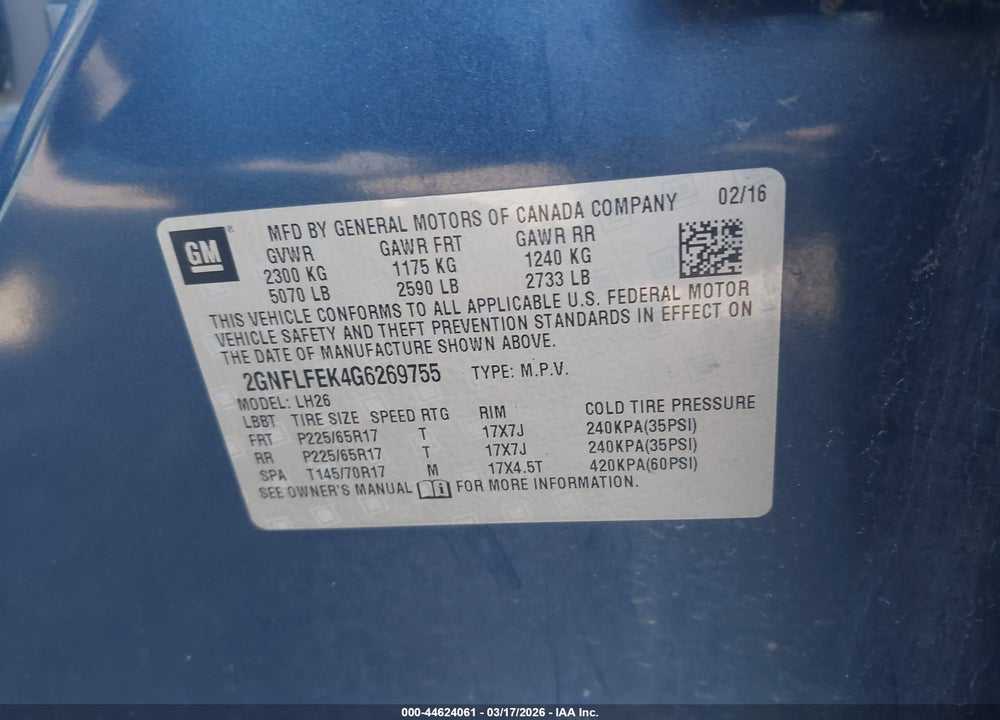 2016 CHEVROLET EQUINOX LT VIN: 2GNFLFEK4G6269755