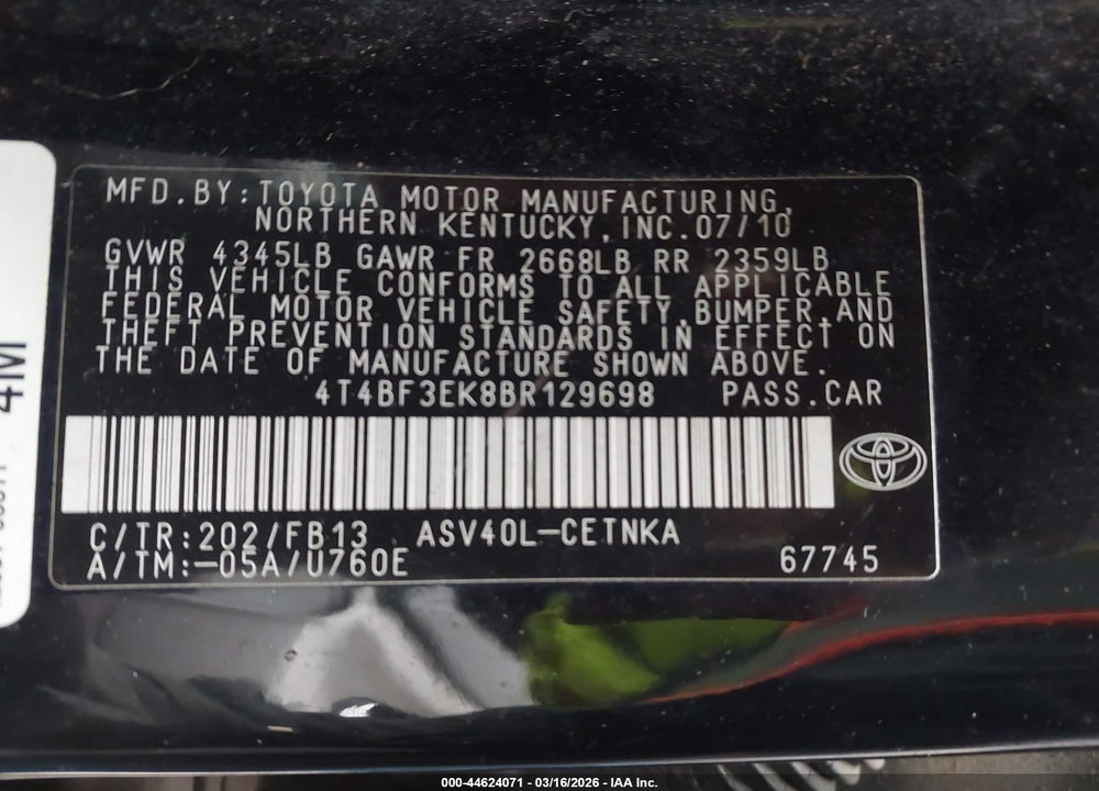 2011 TOYOTA CAMRY LE VIN: 4T4BF3EK8BR129698