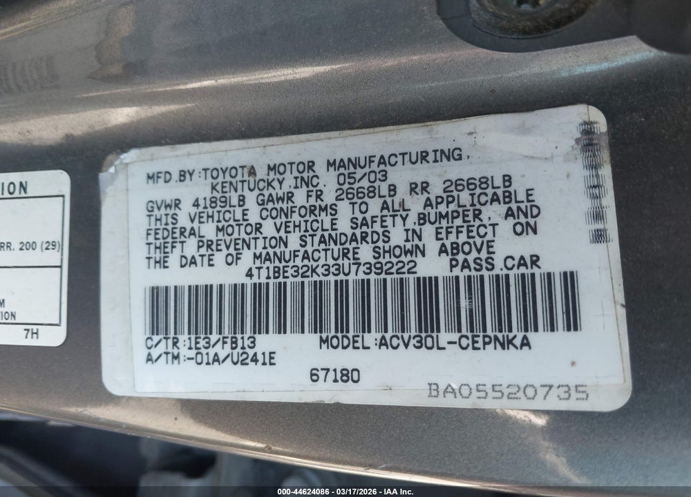 2003 TOYOTA CAMRY LE VIN: 4T1BE32K33U739222