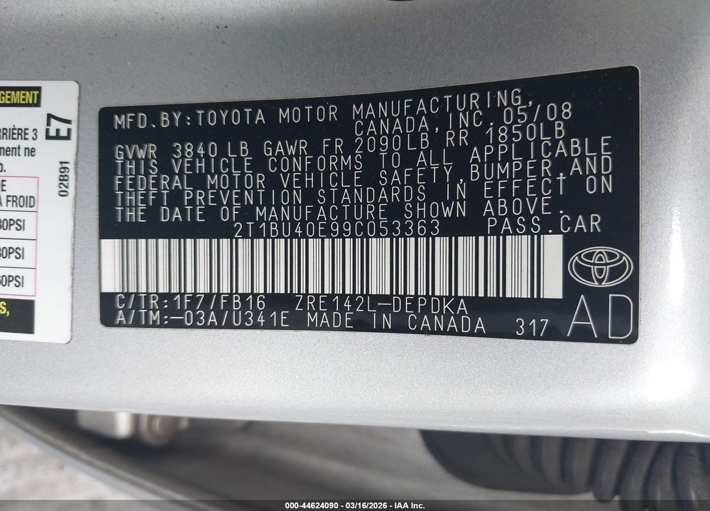 2009 TOYOTA COROLLA LE VIN: 2T1BU40E99C053363