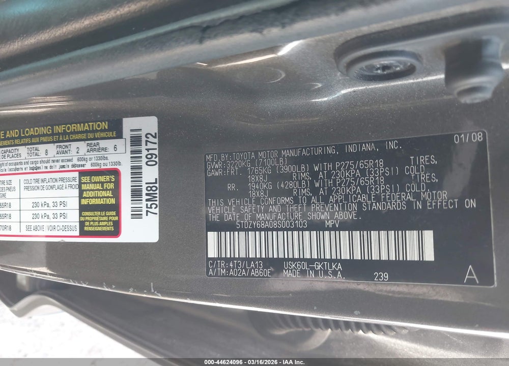 2008 TOYOTA SEQUOIA LIMITED 5.7L V8 VIN: 5TDZY68A08S003103