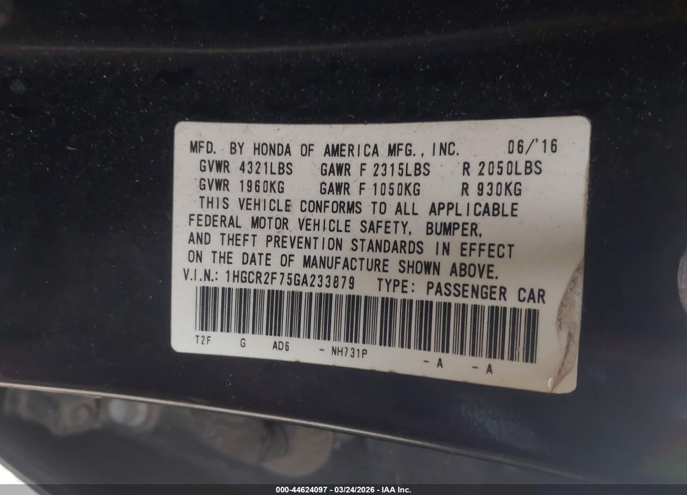 2016 HONDA ACCORD EX VIN: 1HGCR2F75GA233879