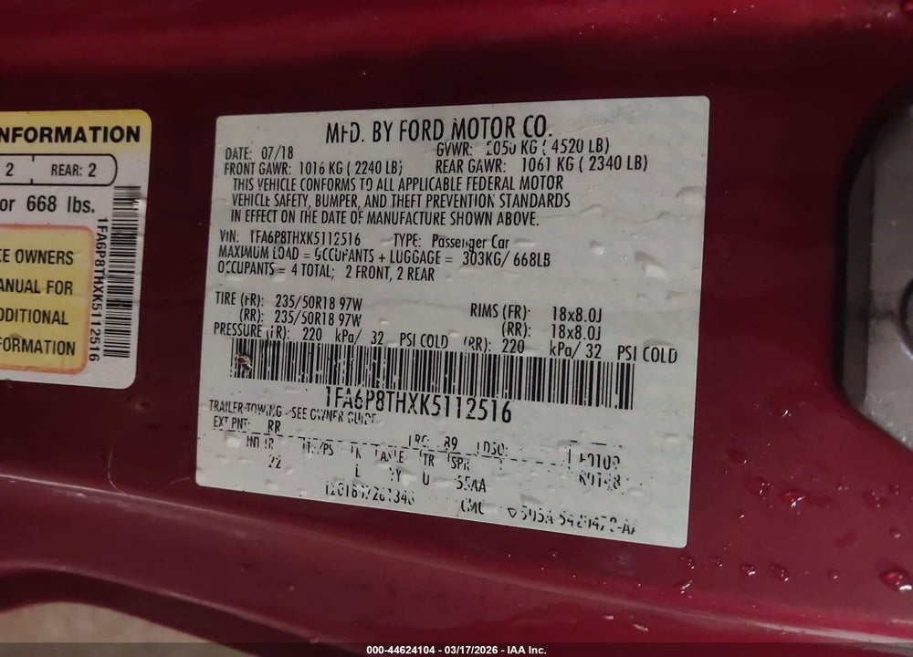 2019 FORD MUSTANG ECOBOOST VIN: 1FA6P8THXK5112516