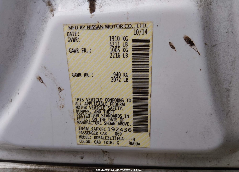 2015 NISSAN ALTIMA 2.5 S VIN: 1N4AL3APXFC192436