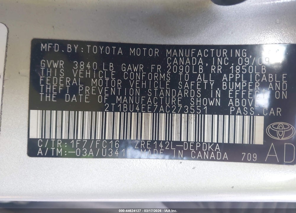 2010 TOYOTA COROLLA LE VIN: 2T1BU4EE7AC273551