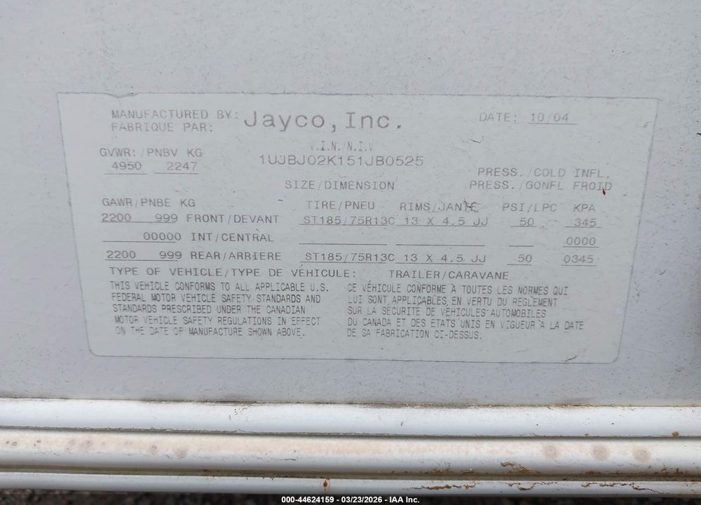 2005 JAYCO JAY FLIGHT VIN: 1UJBJ02K151JB0525