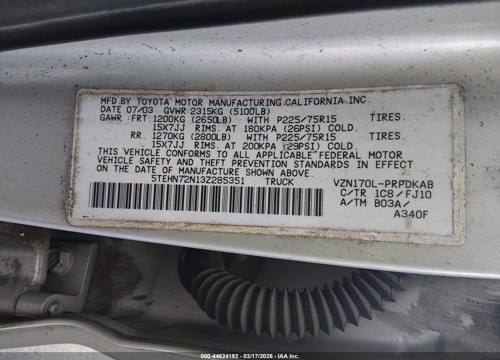 2003 TOYOTA TACOMA BASE V6 VIN: 5TEHN72N13Z285351