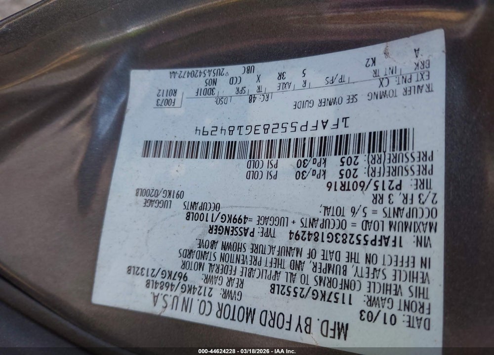 2003 FORD TAURUS SES VIN: 1FAFP55283G184294