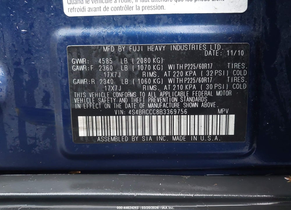2011 SUBARU OUTBACK 2.5I PREMIUM VIN: 4S4BRCCC8B3369756
