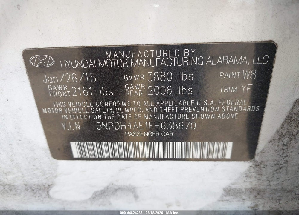 2015 HYUNDAI ELANTRA SE VIN: 5NPDH4AE1FH638670
