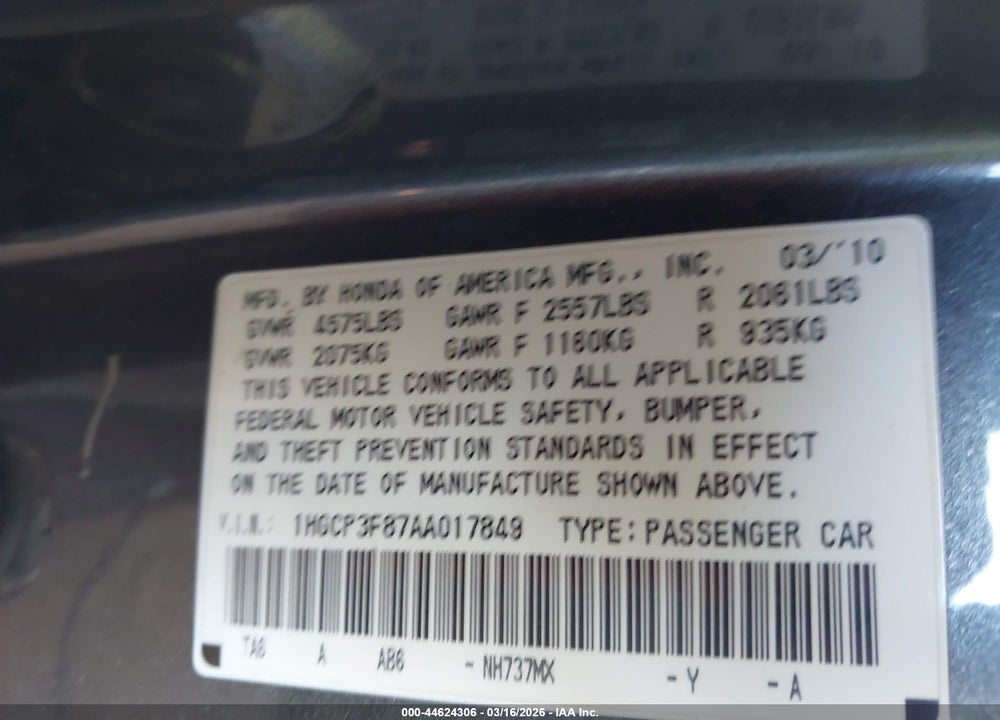 2010 HONDA ACCORD 3.5 EX-L VIN: 1HGCP3F87AA017849