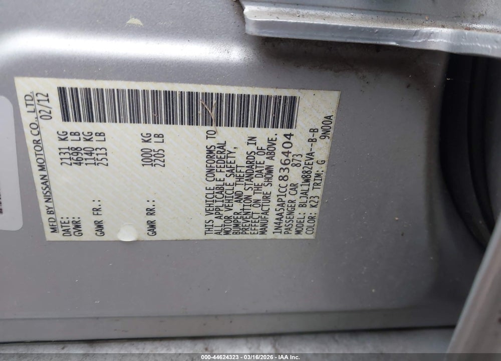 2012 NISSAN MAXIMA 3.5 SV VIN: 1N4AA5AP1CC836404