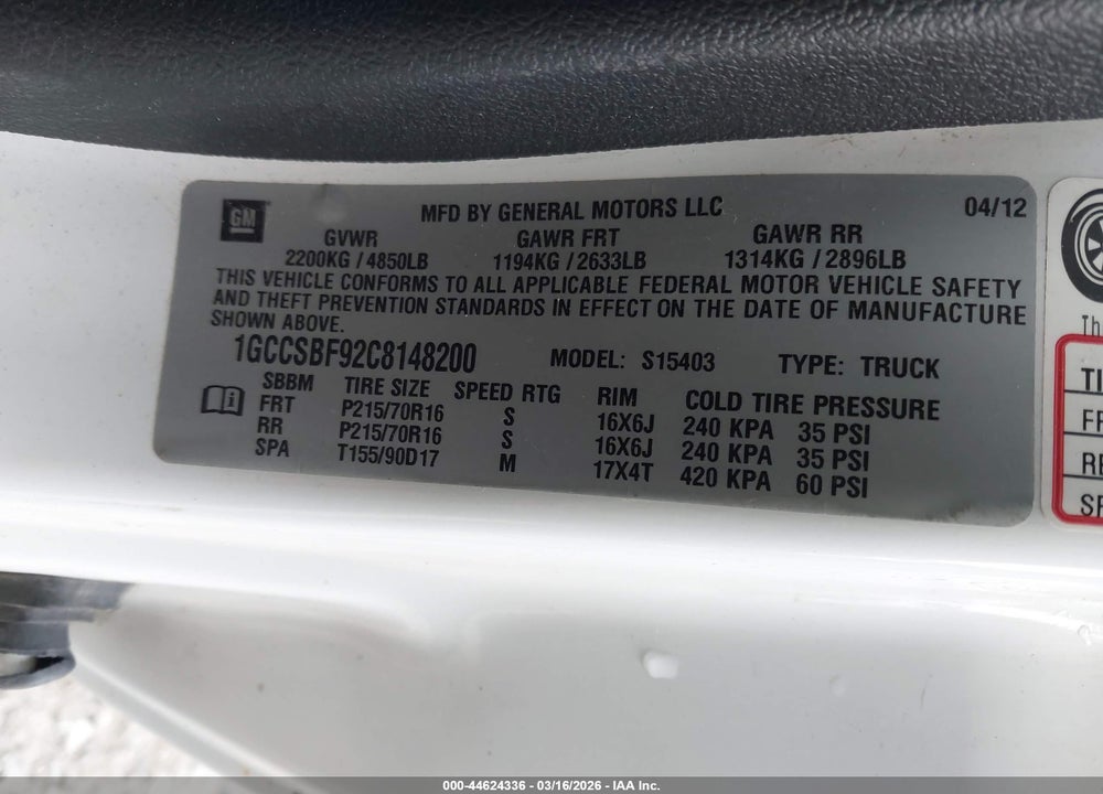 2012 CHEVROLET COLORADO WORK TRUCK VIN: 1GCCSBF92C8148200