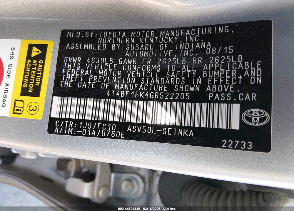 2016 TOYOTA CAMRY LE VIN: 4T4BF1FK4GR522205