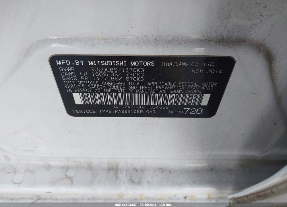 2015 MITSUBISHI MIRAGE DE/RF VIN: ML32A3HJ6FH034882