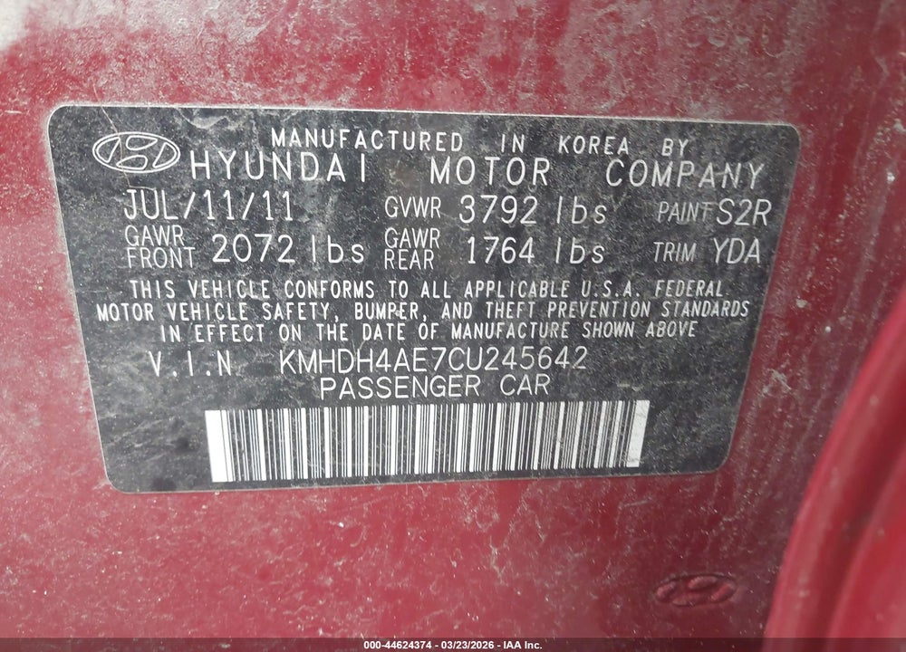 2012 HYUNDAI ELANTRA LIMITED (ULSAN PLANT) VIN: KMHDH4AE7CU245642