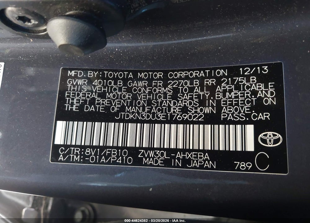 2014 TOYOTA PRIUS TWO VIN: JTDKN3DU3E1769022