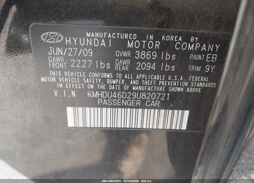 2009 HYUNDAI ELANTRA GLS VIN: KMHDU46D29U820721
