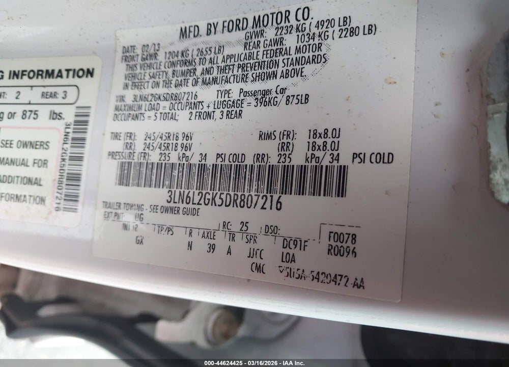 2013 LINCOLN MKZ VIN: 3LN6L2GK5DR807216