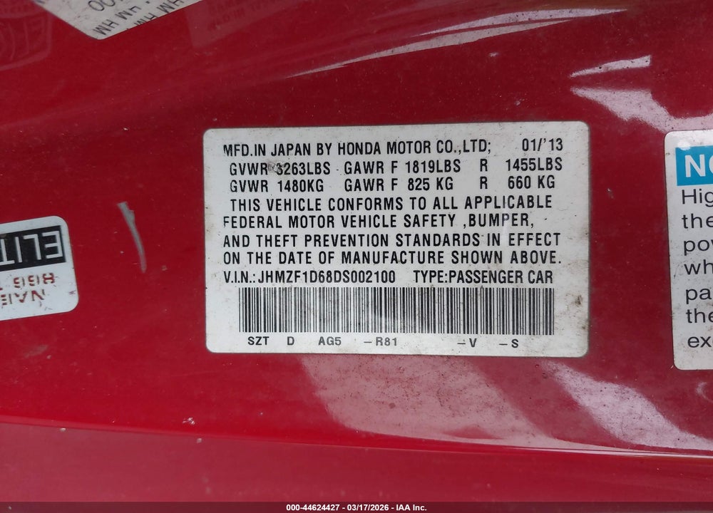 2013 HONDA CR-Z EX VIN: JHMZF1D68DS002100