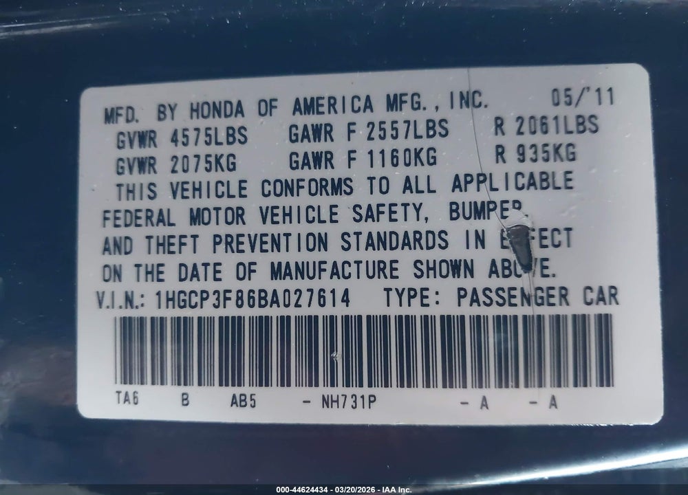 2011 HONDA ACCORD 3.5 EX-L VIN: 1HGCP3F86BA027614