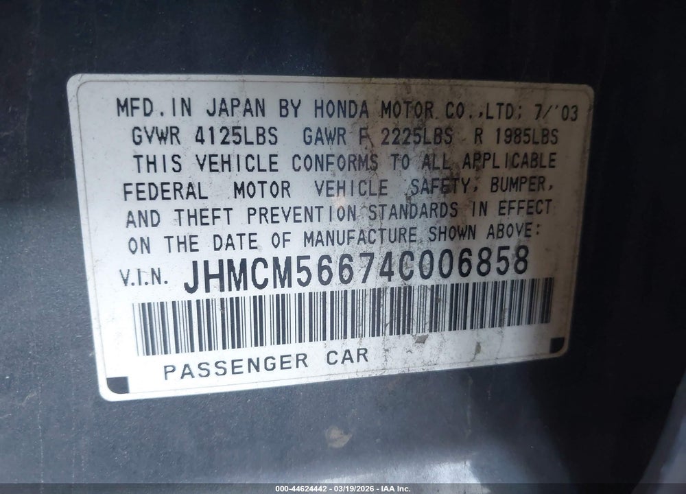 2004 HONDA ACCORD 2.4 EX VIN: JHMCM56674C006858