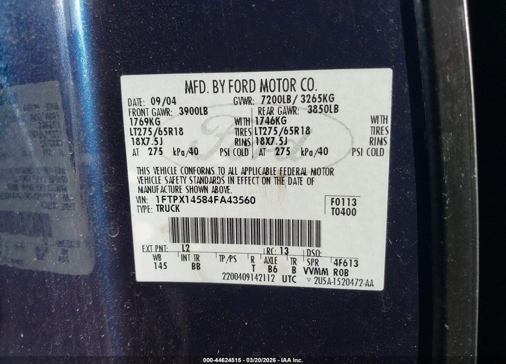 2004 FORD F-150 FX4/LARIAT/XL/XLT VIN: 1FTPX14584FA43560