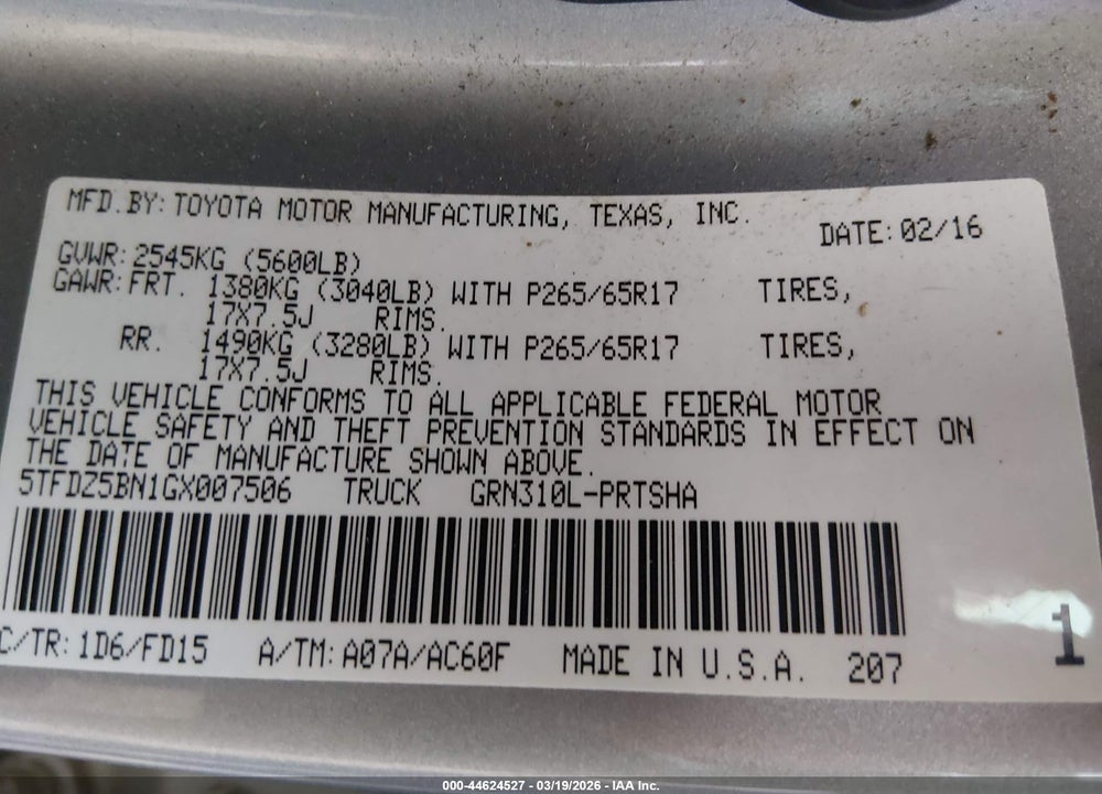 2016 TOYOTA TACOMA VIN: 5TFDZ5BN1GX007506