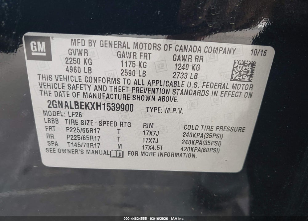 2017 CHEVROLET EQUINOX LS VIN: 2GNALBEKXH1539900