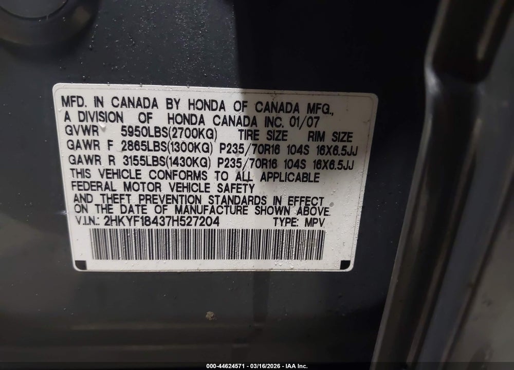 2007 HONDA PILOT EX VIN: 2HKYF18437H527204