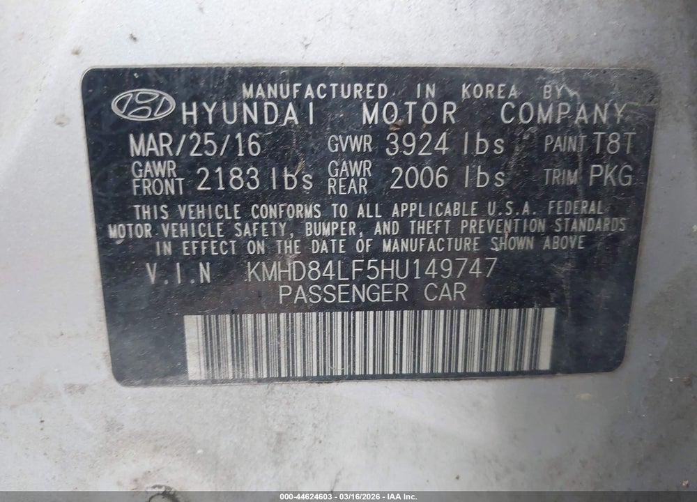 2017 HYUNDAI ELANTRA SE VIN: KMHD84LF5HU149747