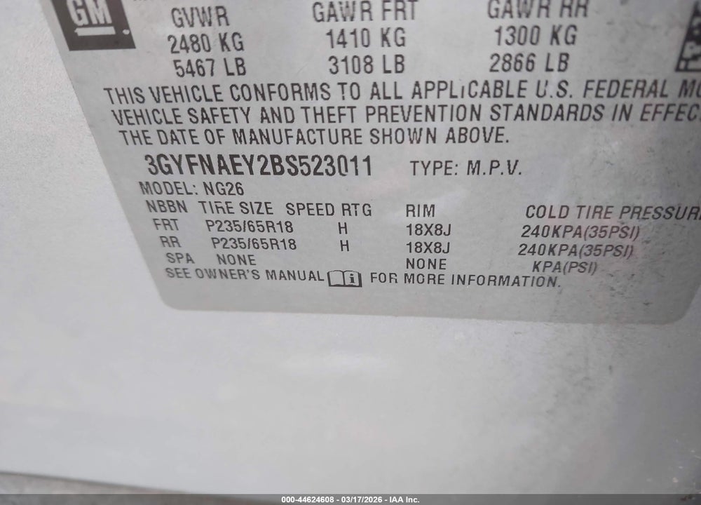 2011 CADILLAC SRX LUXURY COLLECTION VIN: 3GYFNAEY2BS523011