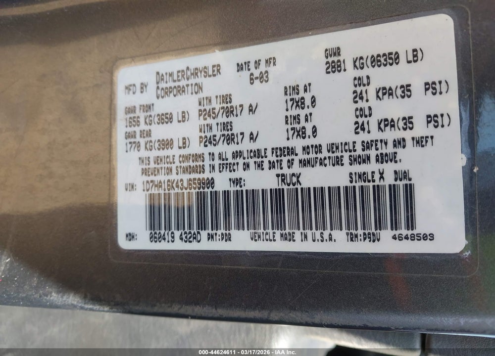 2003 DODGE RAM 1500 ST VIN: 1D7HA16K43J659900