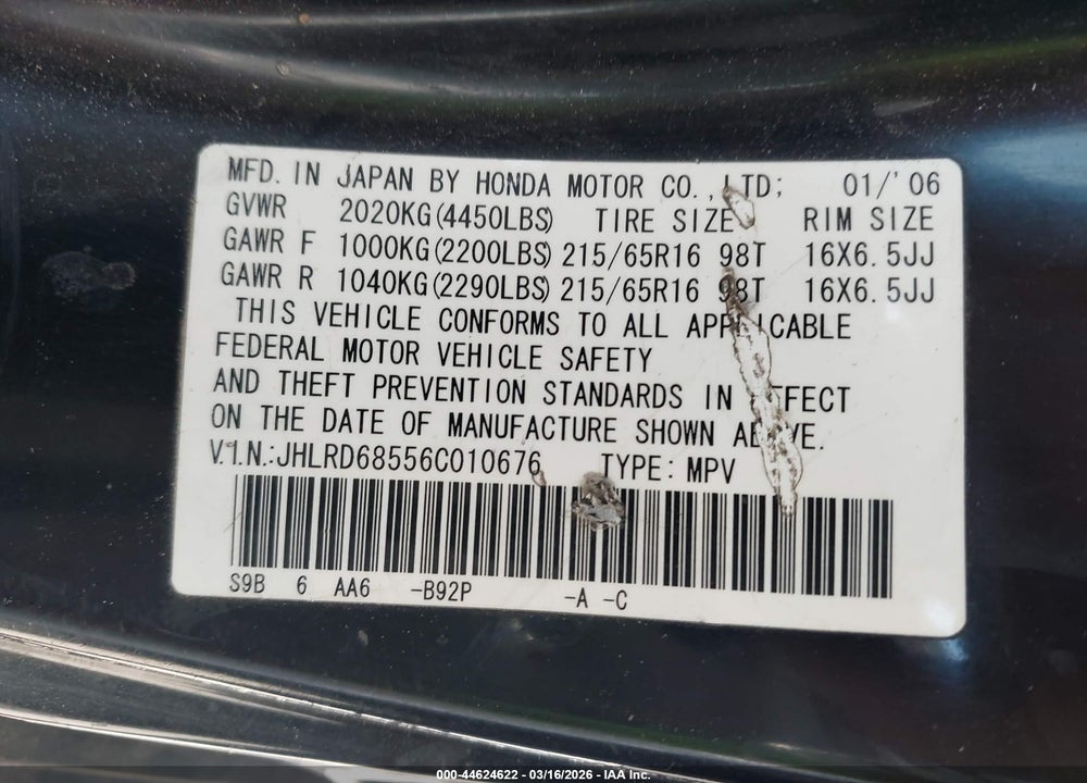 2006 HONDA CR-V LX VIN: JHLRD68556C010676