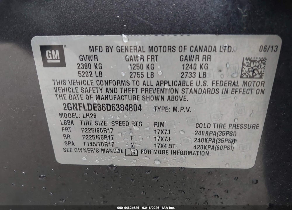 2013 CHEVROLET EQUINOX 1LT VIN: 2GNFLDE36D6384804