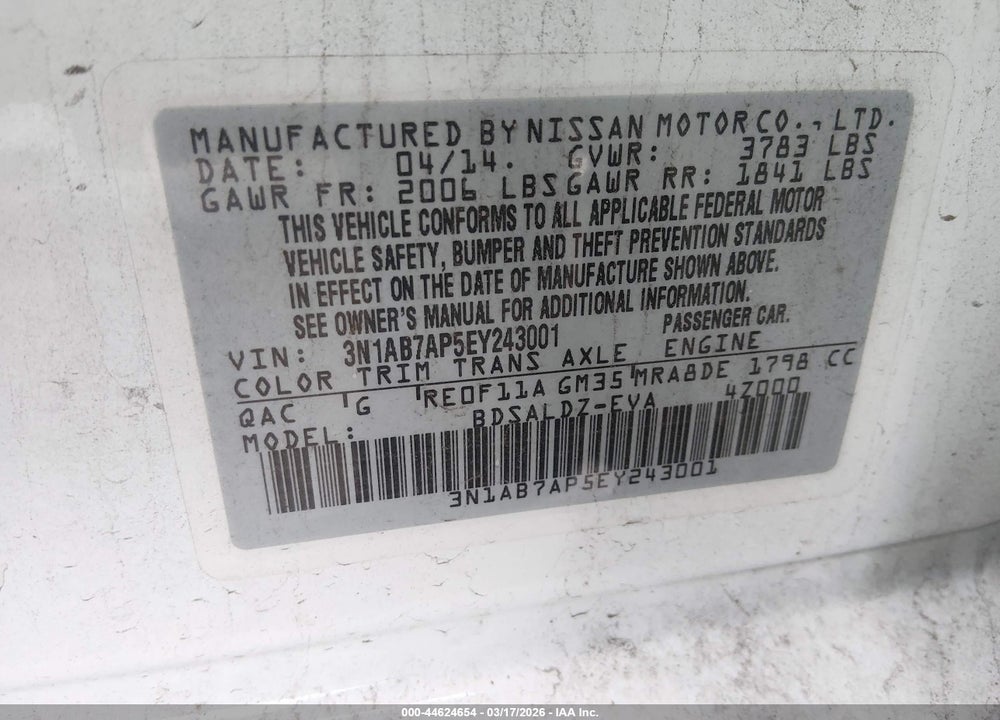 2014 NISSAN SENTRA VIN: 3N1AB7AP5EY243001