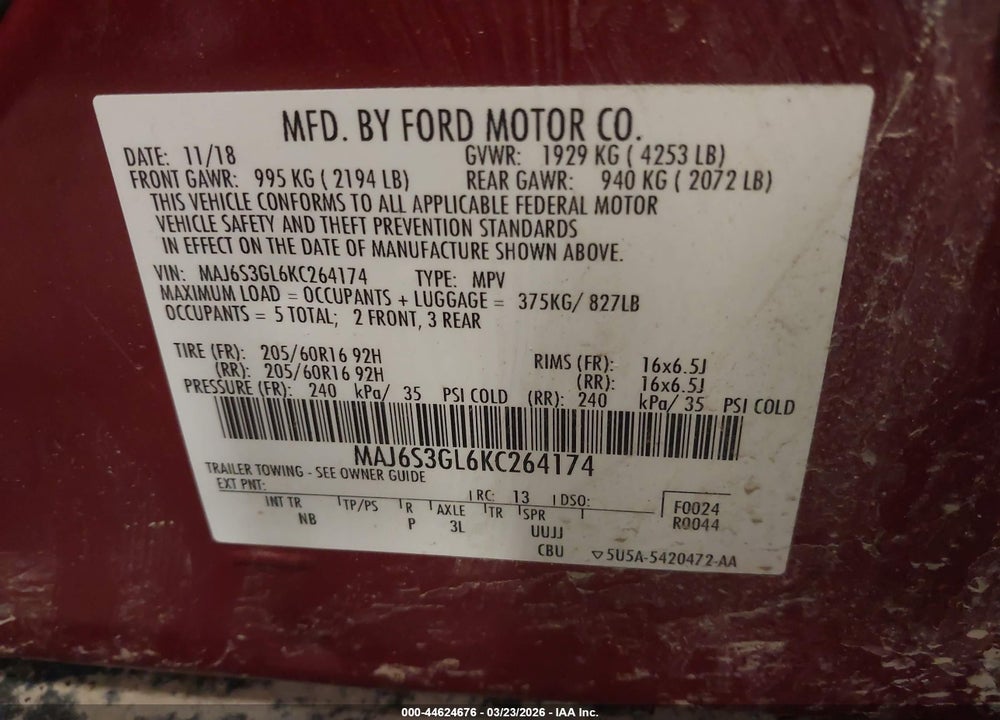 2019 FORD ECOSPORT SE VIN: MAJ6S3GL6KC264174
